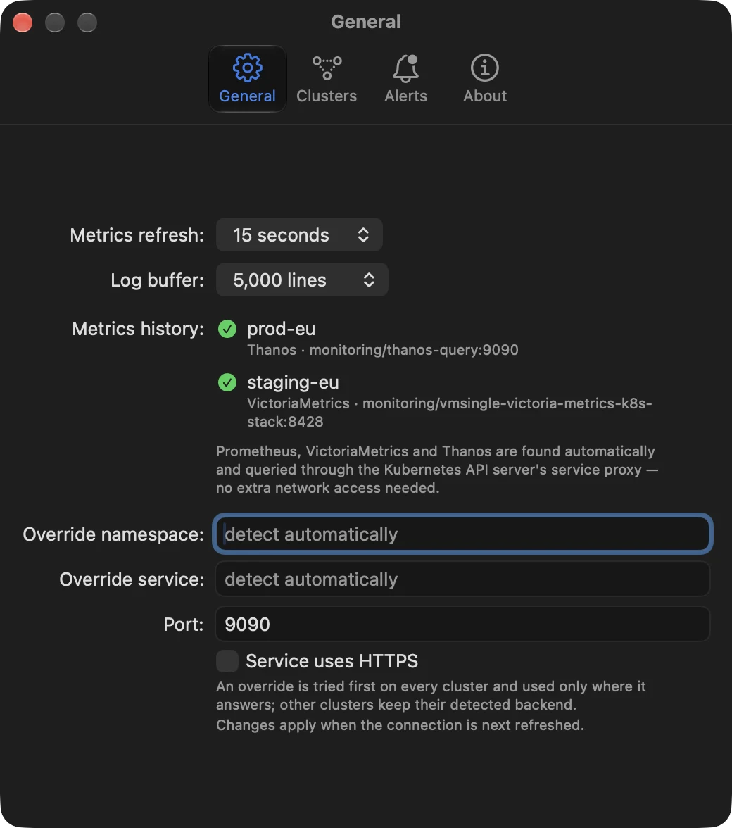 KubeGlance settings listing a Thanos backend detected on one cluster and VictoriaMetrics on another, with an optional override below