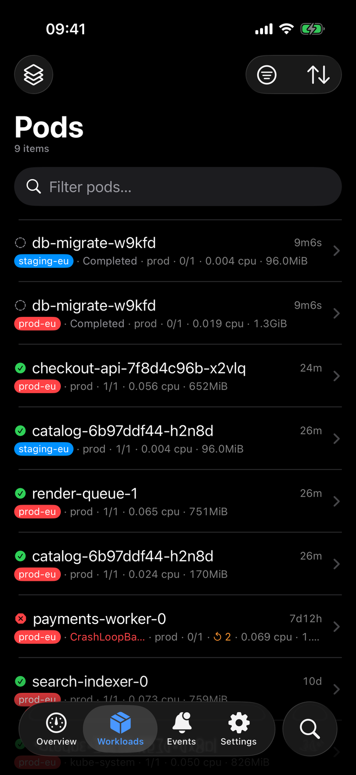 KubeGlance on iPhone: live pods from two clusters with status, restarts, CPU and memory