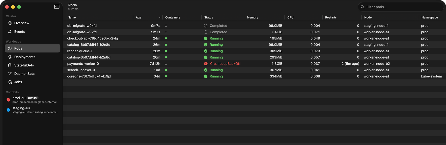 KubeGlance on macOS: pods from two clusters in one table with status, restarts, CPU, memory, and cluster chips